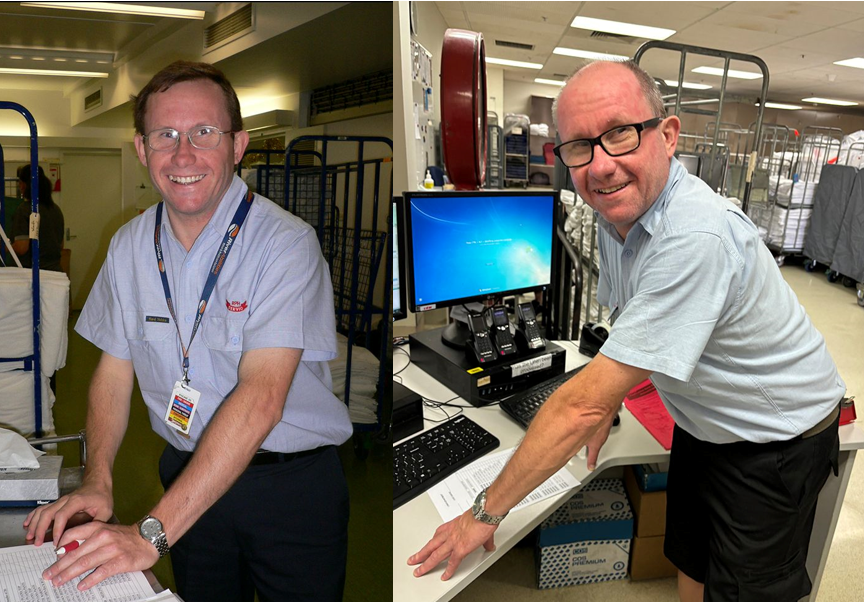 Two images side-by-side of Jason smiling and leaning on a desk, while wearing a blue button up T-Shirt and glasses at work. The image on the left was taken in 2007 and the image on the right was taken in 2024.