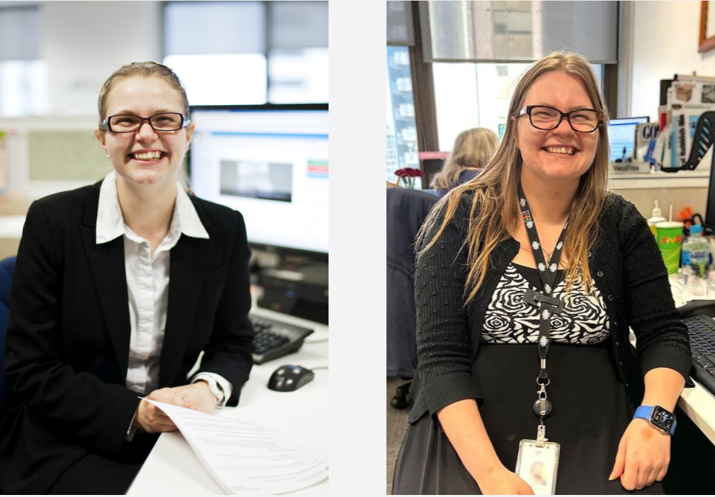 Two photos of Jess side to side, one in 2014 and one in 2024 of how sitting at her desk and smiling.