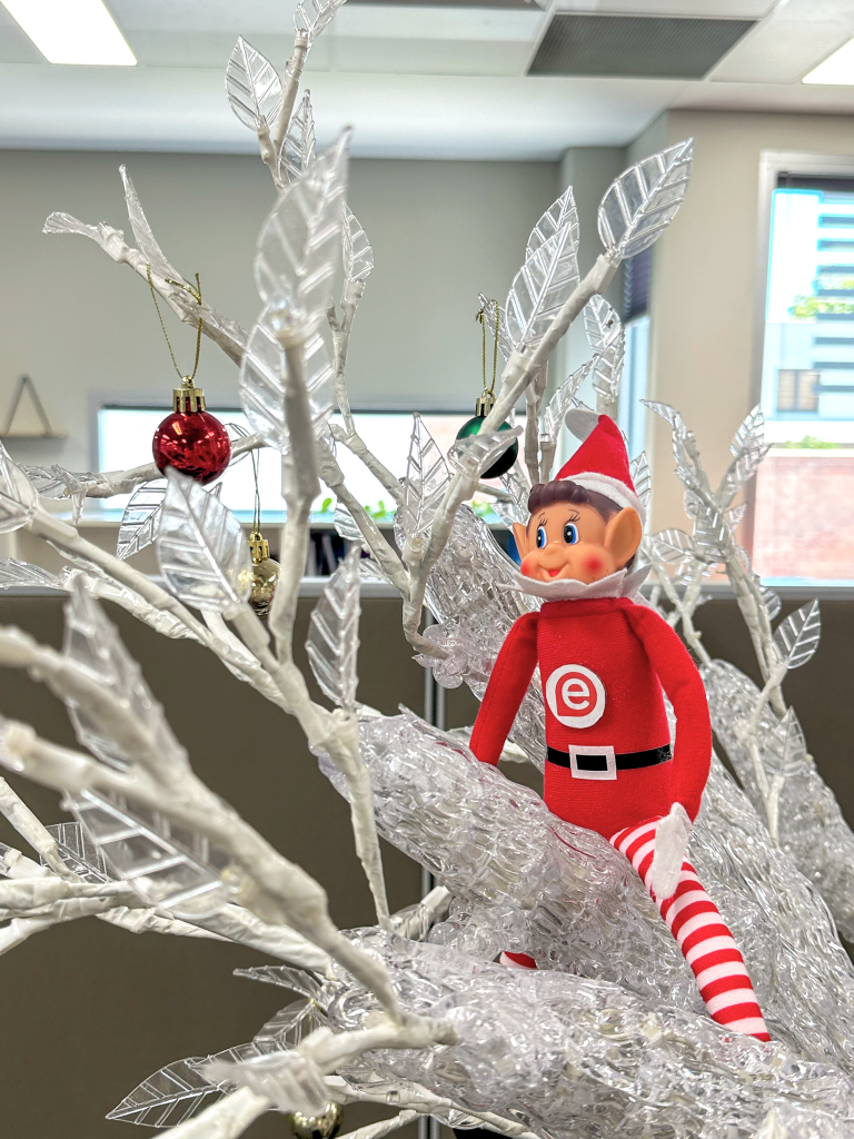 An elf sitting on a fake tree with a Christmas bauble hanging in the background. The elf has the Edge 'e' logo on his shirt.